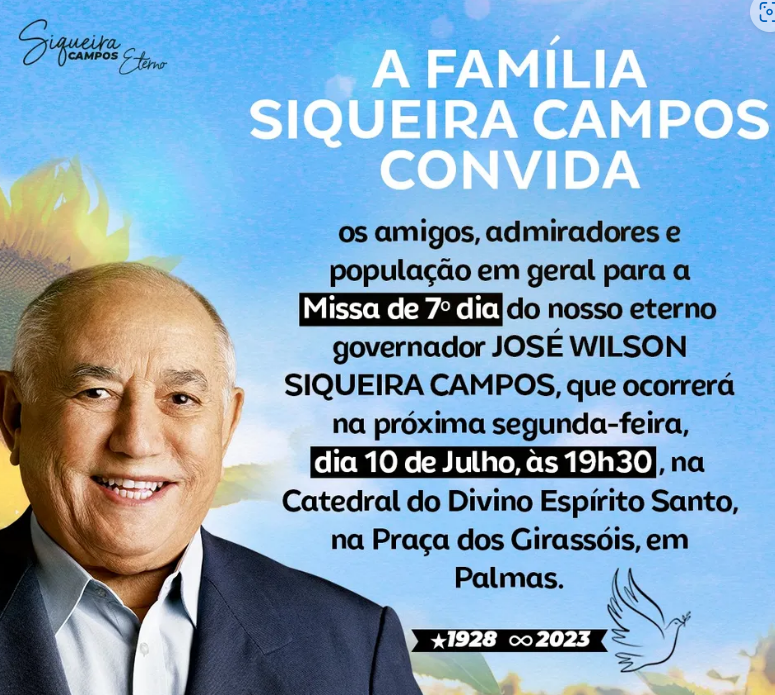 Missa de 7º dia do ex-governador Siqueira Campos será na Catedral de Palmas