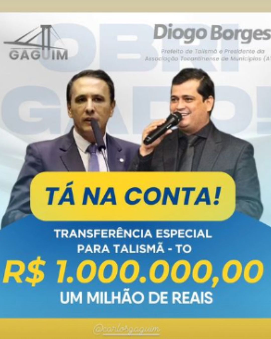 Deputado Gaguim destina R$ 1 milhão para infraestrutura de Talismã