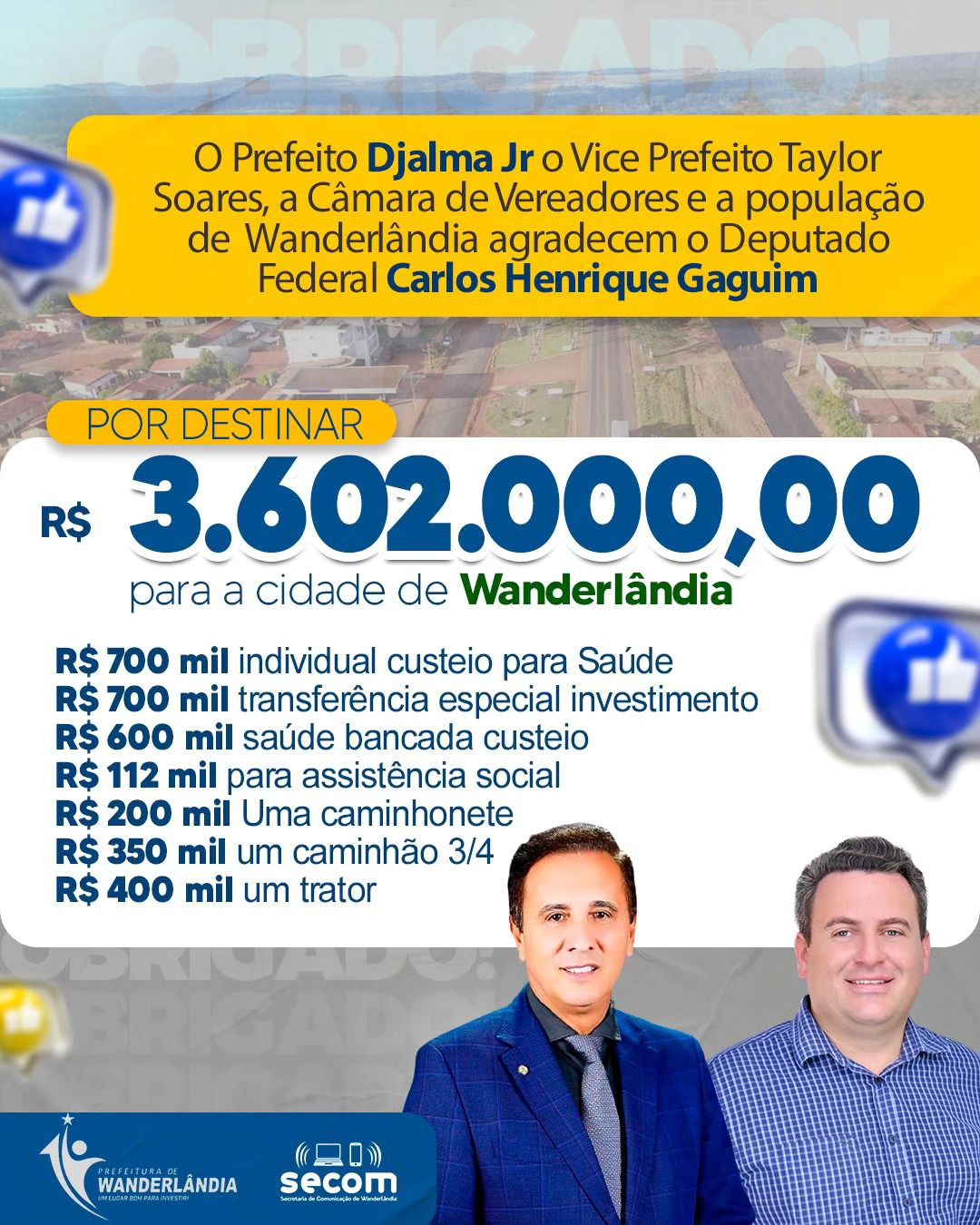 Deputado Gaguim destina aporte de R$ 3,6 Milhões para Wanderlândia